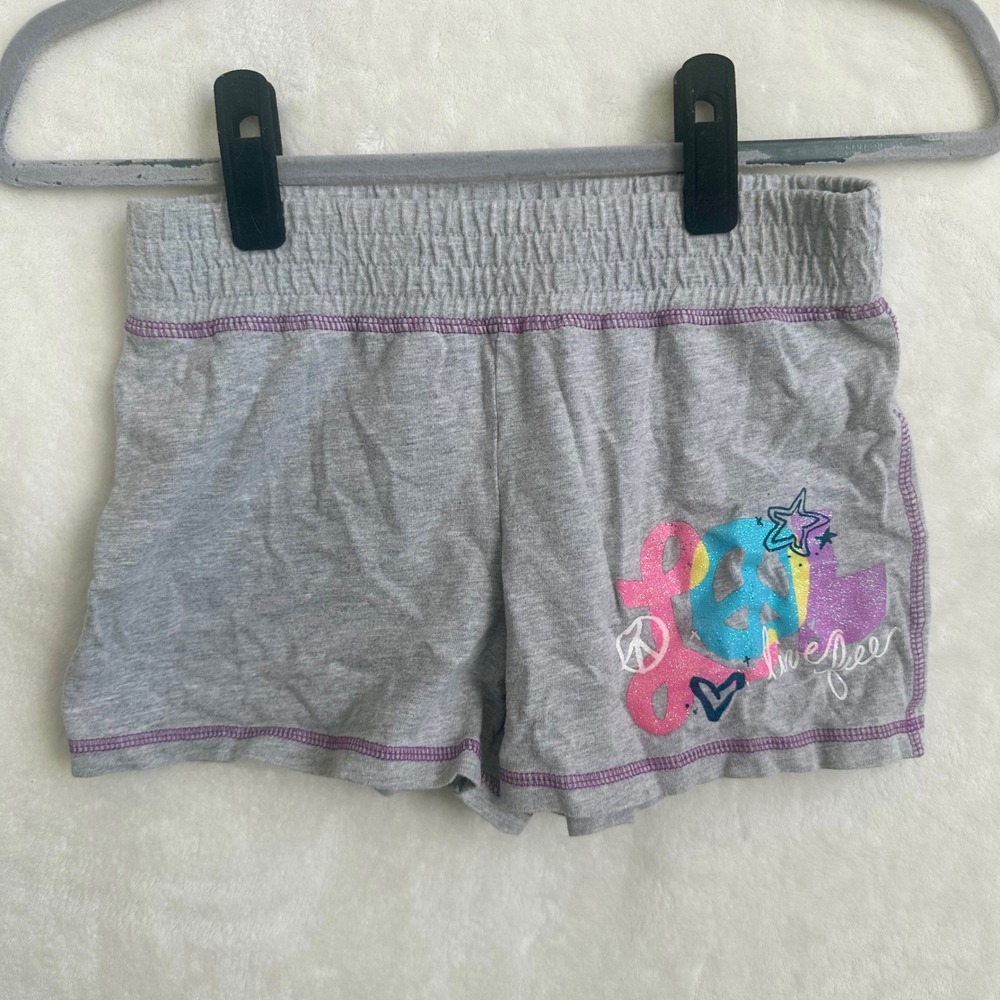 Faded Glory Girls Size L 10-12 Peace Love Glitter Jersey Knit Shorts Grey